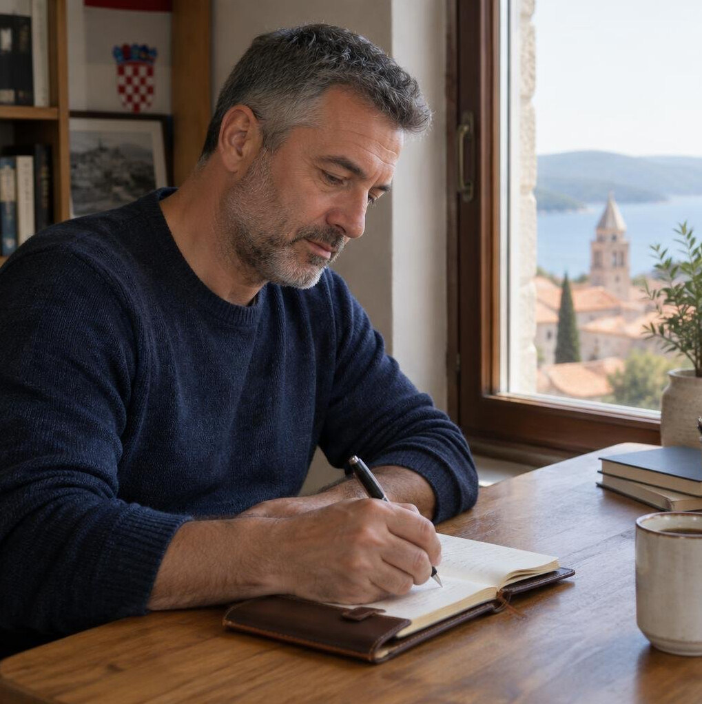 Croatian male writer sitting at a desk writing in a notebook by a window