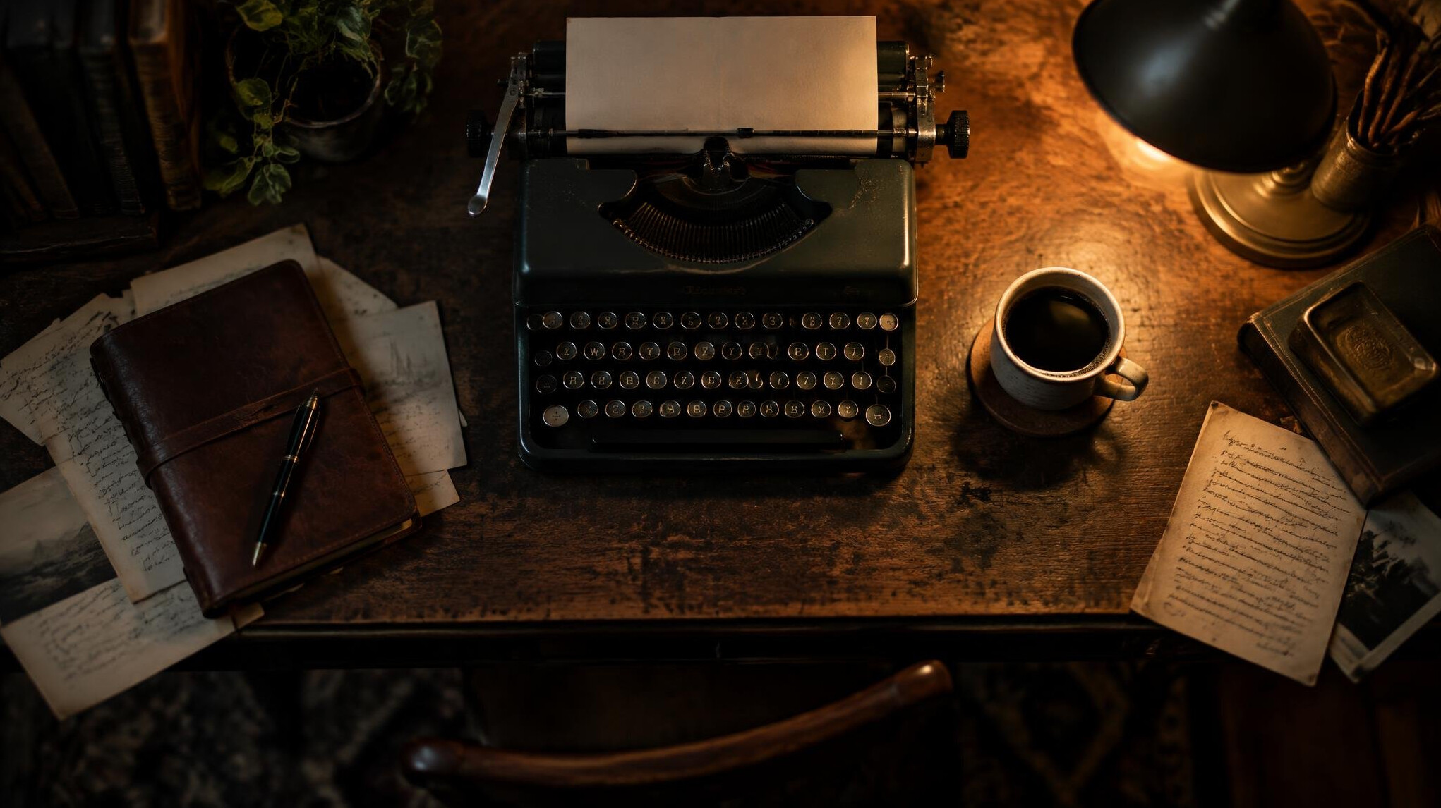 Old wooden writing desk with typewriter, notebook and coffee cup