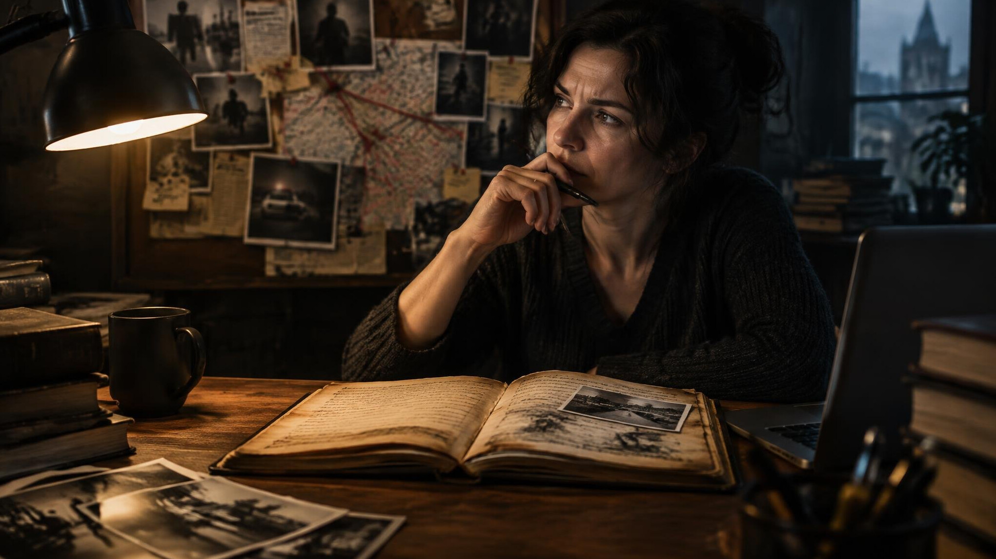 mystery writer at desk