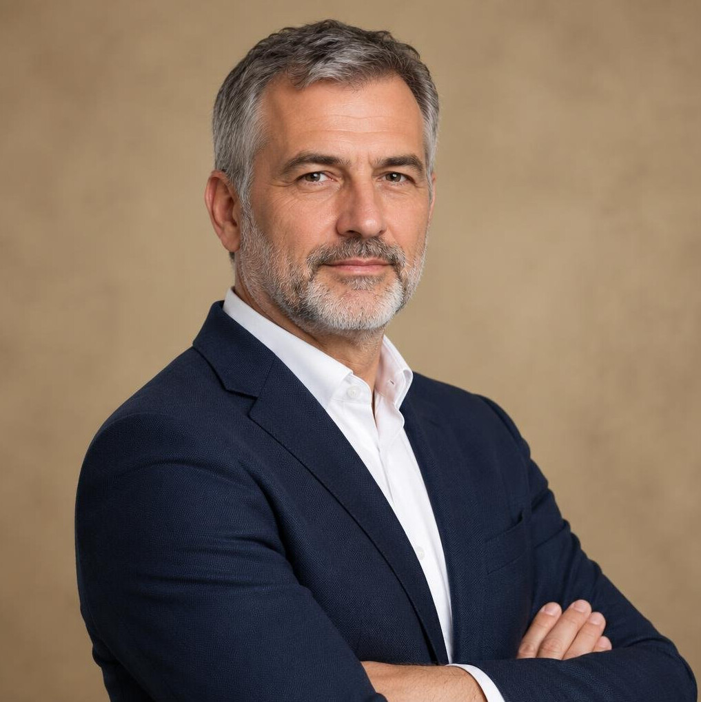 Studio portrait of a middle-aged Croatian male writer in a dark blazer